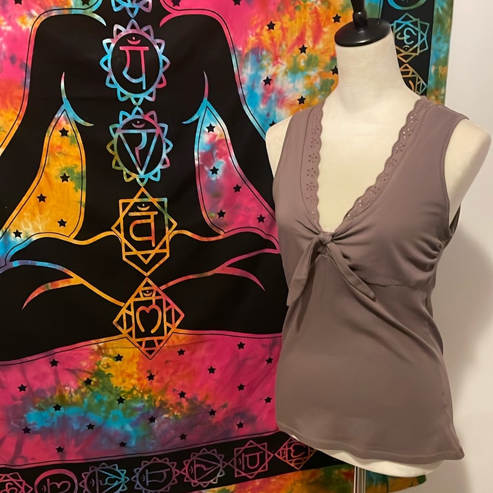 VS Ruched Tie Lace Trim Brown Sleeveless Vneck Bra Top Large